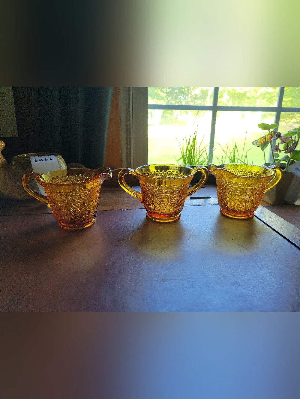 Vintage Indiana Glass Tiara amber sandwich glass open sugar Dish, 2 Creamers